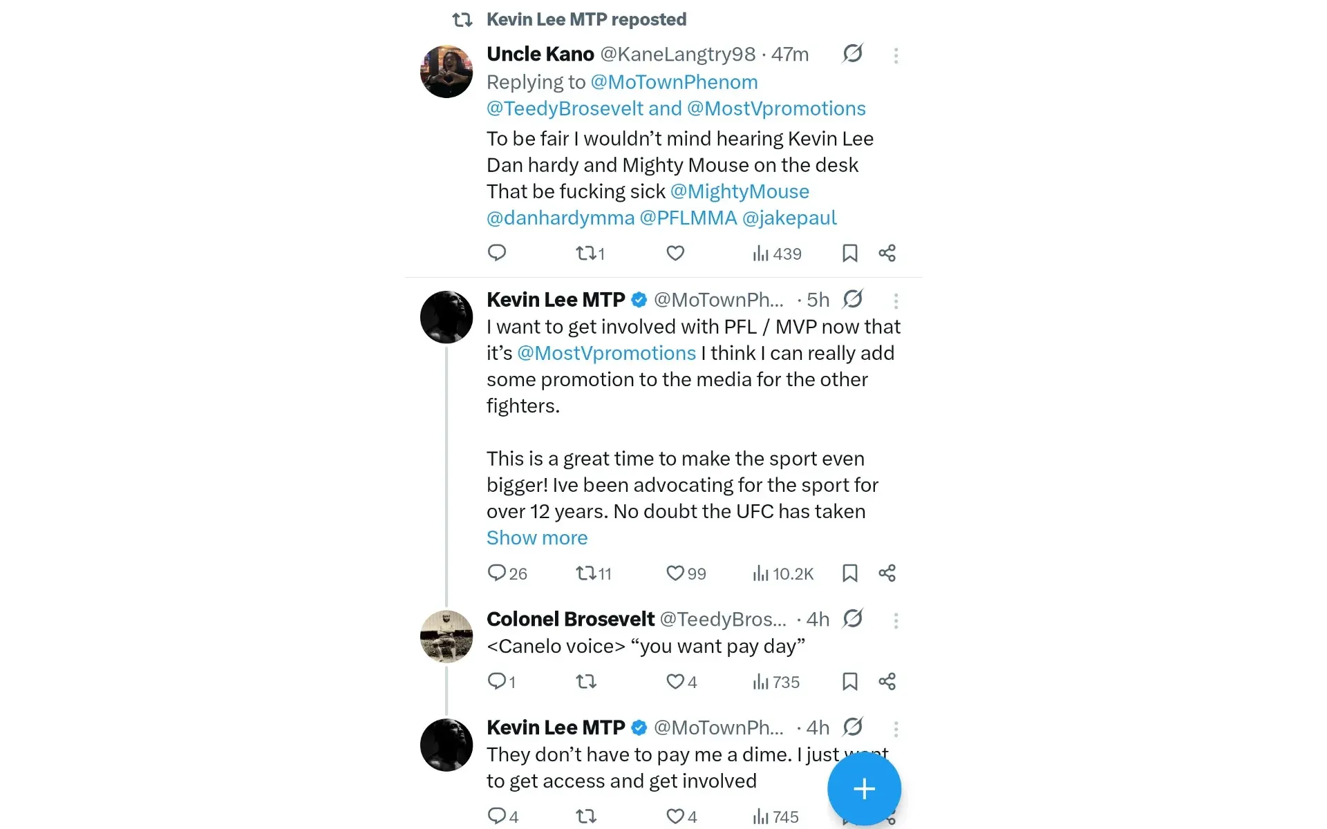 Kevin Lee tweets PFL MVP MMA screenshots